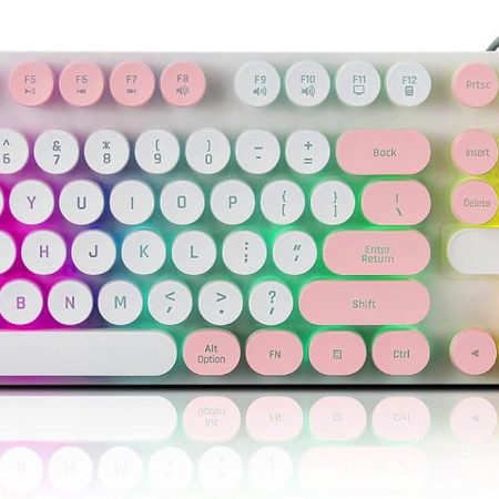 Wired Retro Punk Gaming Keyboard with Rainbow Backlit, 104 Keys Wired Cute Keyboard, Round Keycaps for Windows/Mac/PC(White and Pink)